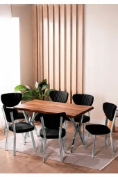 VIANEM Kütük Desenli MDF Krom Elma Mutfak Masa Takımı 6 Sandalyeli Salon Yemek Masa Takımı thumbnail 1