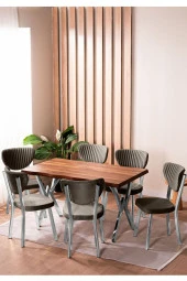 VIANEM Kütük Desenli MDF Krom Elma Mutfak Masa Takımı 6 Sandalyeli Salon Yemek Masa Takımı thumbnail 1