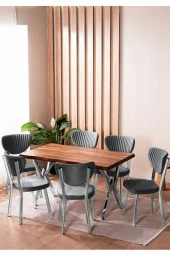 VIANEM Kütük Desenli MDF Krom Elma Mutfak Masa Takımı 6 Sandalyeli Salon Yemek Masa Takımı - 1
