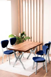 VIANEM Kütük Desenli MDF Krom Elma Mutfak Masa Takımı 4 Sandalyeli Salon Yemek Masa Takımı thumbnail 1