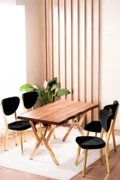 VIANEM Kütük Desenli MDF Gold Elma Mutfak Masa Takımı 4 Sandalyeli Salon Yemek Masa Takımı thumbnail 1