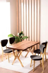 VIANEM Kütük Desenli MDF Gold Elma Mutfak Masa Takımı 4 Sandalyeli Salon Yemek Masa Takımı thumbnail 1