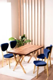 VIANEM Kütük Desenli MDF Gold Elma Mutfak Masa Takımı 4 Sandalyeli Salon Yemek Masa Takımı thumbnail 1