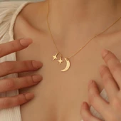 14 Ayara Mikron Kaplama Kişiye Özel Harf Detaylı Ay Yıldız Gümüş Kolye - CN00233 thumbnail 5