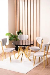 VIANEM Elma Yuvarlak Gold Siyah Mermer Mutfak Masa Takımı 4 Sandalyeli Salon Yemek Masa Takımı - 1