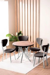 VIANEM Elma Yuvarlak Krom Ceviz Mutfak Masa Takımı 4 Sandalyeli Salon Yemek Masa Takımı thumbnail 1