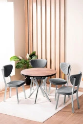 VIANEM Elma Yuvarlak Krom Ceviz Mutfak Masa Takımı 4 Sandalyeli Salon Yemek Masa Takımı thumbnail 1