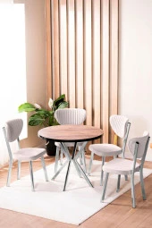 VIANEM Elma Yuvarlak Krom Ceviz Mutfak Masa Takımı 4 Sandalyeli Salon Yemek Masa Takımı thumbnail 1