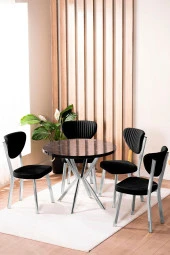 VIANEM Elma Yuvarlak Krom Siyah Mermer Mutfak Masa Takımı 4 Sandalyeli Salon Yemek Masa Takımı thumbnail 1