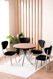 VIANEM Elma Yuvarlak Krom Ceviz Mutfak Masa Takımı 4 Sandalyeli Salon Yemek Masa Takımı thumbnail 1