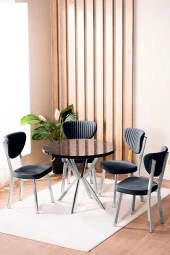 VIANEM Elma Yuvarlak Krom Siyah Mermer Mutfak Masa Takımı 4 Sandalyeli Salon Yemek Masa Takımı thumbnail 1