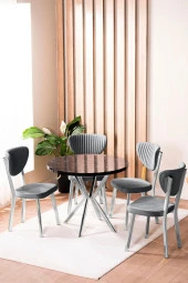 VIANEM Elma Yuvarlak Krom Siyah Mermer Mutfak Masa Takımı 4 Sandalyeli Salon Yemek Masa Takımı thumbnail 1