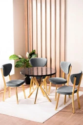 VIANEM Elma Yuvarlak Gold Siyah Mermer Mutfak Masa Takımı 4 Sandalyeli Salon Yemek Masa Takımı thumbnail 1