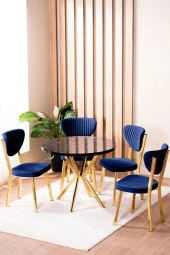 VIANEM Elma Yuvarlak Gold Siyah Mermer Mutfak Masa Takımı 4 Sandalyeli Salon Yemek Masa Takımı - 1