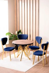 VIANEM Elma Yuvarlak Gold Ceviz Mutfak Masa Takımı 4 Sandalyeli Salon Yemek Masa Takımı thumbnail 1