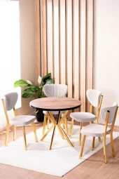 VIANEM Elma Yuvarlak Gold Ceviz Mutfak Masa Takımı 4 Sandalyeli Salon Yemek Masa Takımı thumbnail 1