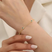 925 Ayar Gümüş Nazar Boncuklu Gold Şans Bileklik thumbnail 1