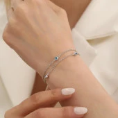 925 Ayar Gümüş Nazar Boncuklu Çift Zincirli Bileklik thumbnail 3