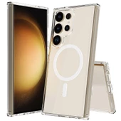 Samsung Galaxy S24 Ultra Kılıf Magsafe Şarj Özellikli Şeffaf Sert PC Embos Kapak thumbnail 1