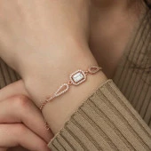 925 Ayar Gümüş Rose Dikdörtgen Baget Bileklik - 4