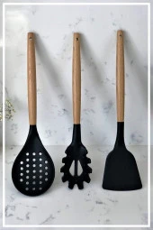 Hazarpazar Bambu Saplı Silikon Spatula & Kevgir & Spagetti - Siyah - 1