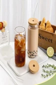 2li Bambu Kapaklı Pipetli Isıya Dayanıklı Cam Bardak 550 ml - 1
