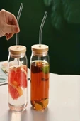 2li Bambu Kapaklı Pipetli Isıya Dayanıklı Cam Bardak 550 ml - 2