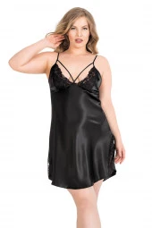 Shopidik Büyük Beden Siyah Kısa İkili Saten Sabahlık Gecelik Takımı 6151 - 2