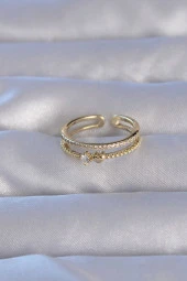 Pirinç Gold Renk Zirkon Taşlı Kalpli Su Yolu Model Ayarlanabilir Yüzük - EBJ240714W25336 thumbnail 2