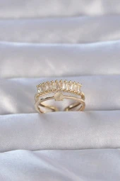 Pirinç Gold Renk Zirkon Taşlı Baget Su Yolu Model Ayarlanabilir Yüzük - EBJ240714W25344 thumbnail 1