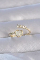 Pirinç Gold Renk Zirkon Taşlı Sedefli Kalp Model Ayarlanabilir Yüzük - EBJ240714W25348 thumbnail 1