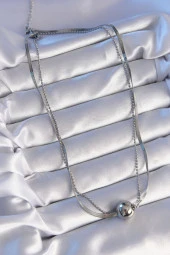 316L Çelik Çift Zincirli Gümüş Renk Topçuk İtalyan Model Kolye - EBJ240714W25385 thumbnail 3