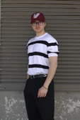 Erkek Oversize Bisiklet Yaka Çizgili Triko T-Shirt - 2