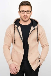 Üç Iplik Şardonlu Pamuklu Fermuarlı Kapüşonlu Sweatshirt Hırka Bej CZN03 - 1