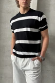 Erkek Oversize Bisiklet Yaka Çizgili Triko T-Shirt - 6