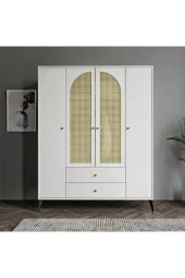 MERLİN MOBİLYA Diamond 4 Kapaklı 2 Çekmeceli Çift Hazeranlı Beyaz Dolap - 1