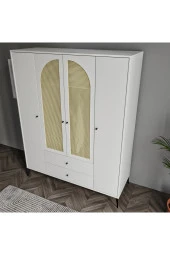 MERLİN MOBİLYA Diamond 4 Kapaklı 2 Çekmeceli Çift Hazeranlı Beyaz Dolap - 5