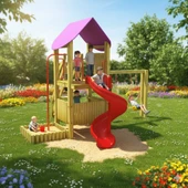 Ahşap Çocuk Parkı SG06, Bir Kaydırak 2 Salıncaklı Model thumbnail 1