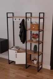 FurnatureDesign Metal Portmanto Elbise Askılığı Ayakkabılık Bölmeli Vestiyer - Atlantik Çam & Beyaz - 1