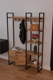 FurnatureDesign Metal Portmanto Elbise Askılığı Ayakkabılık Bölmeli Vestiyer - Atlantik Çam - 1