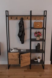 FurnatureDesign Metal Portmanto Elbise Askılığı Ayakkabılık Bölmeli Vestiyer - Antrasit & Atlantik Çam - 2