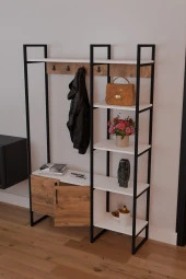 FurnatureDesign Metal Portmanto Elbise Askılığı Ayakkabılık Bölmeli Vestiyer - Beyaz & Atlantik Çam - 1