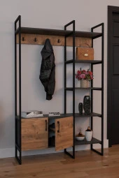 FurnatureDesign Metal Portmanto Elbise Askılığı Ayakkabılık Bölmeli Vestiyer - Antrasit & Atlantik Çam - 3