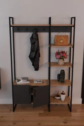 FurnatureDesign Metal Portmanto Elbise Askılığı Ayakkabılık Bölmeli Vestiyer - Atlantik Çam & Antrasit - 2
