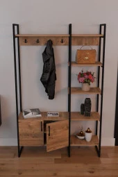 FurnatureDesign Metal Portmanto Elbise Askılığı Ayakkabılık Bölmeli Vestiyer - Atlantik Çam - 2