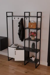 FurnatureDesign Metal Portmanto Elbise Askılığı Ayakkabılık Bölmeli Vestiyer - Antrasit & Beyaz - 1