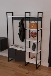FurnatureDesign Metal Portmanto Elbise Askılığı Ayakkabılık Bölmeli Vestiyer - Beyaz & Antrasit - 1