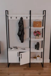 FurnatureDesign Metal Portmanto Elbise Askılığı Ayakkabılık Bölmeli Vestiyer - Beyaz - 2