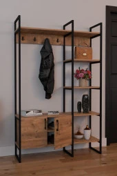 FurnatureDesign Metal Portmanto Elbise Askılığı Ayakkabılık Bölmeli Vestiyer - Atlantik Çam - 3