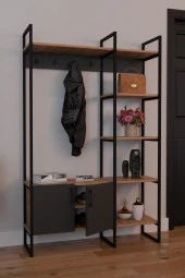 FurnatureDesign Metal Portmanto Elbise Askılığı Ayakkabılık Bölmeli Vestiyer - Atlantik Çam & Antrasit - 3